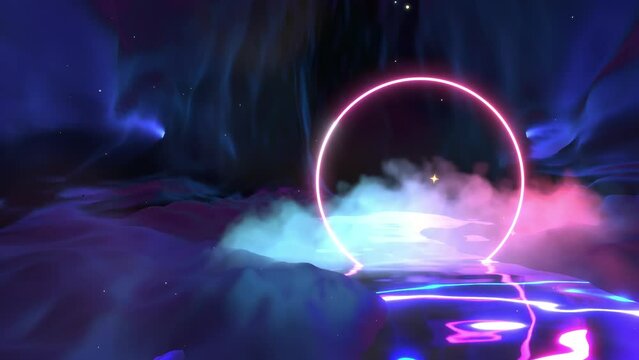 Looped neon glowing ring and clouds above the water in a dark cave animation.
