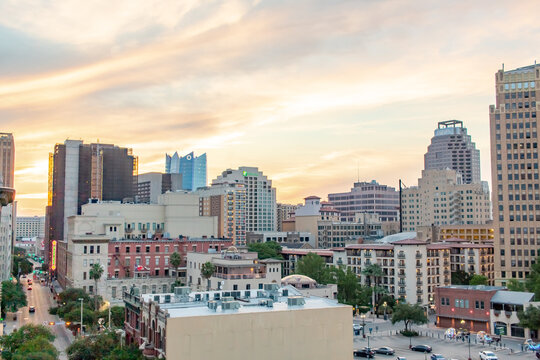Downtown San Antonio Texas building city skyline during a golden sunset