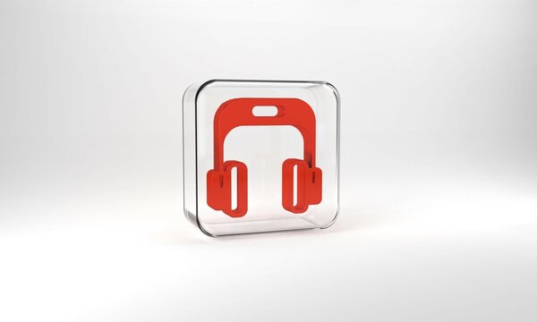 Red Headphones icon isolated on grey background. Earphones. Concept for listening to music, service, communication and operator. Glass square button. 3d illustration 3D render