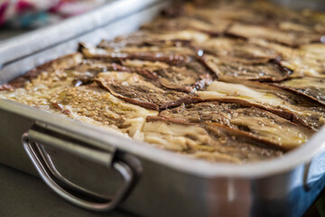 Baked aubergines to cook moussaka, Mallorca, spain