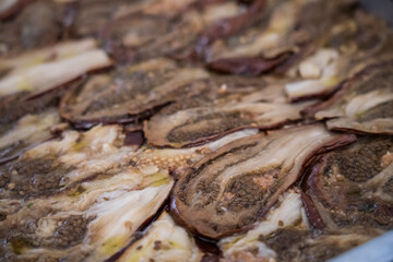Baked aubergines to cook moussaka, Mallorca, spain