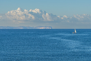 Fototapeta premium sailboat sailing in front, Cabrera Islands, Majorca, Balearic Islands, Spain