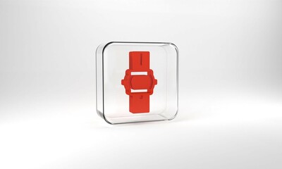 Red Wrist watch icon isolated on grey background. Wristwatch icon. Glass square button. 3d illustration 3D render