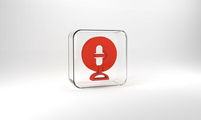 Red Microphone icon isolated on grey background. On air radio mic microphone. Speaker sign. Glass square button. 3d illustration 3D render