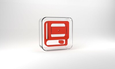 Red Book about cinema icon isolated on grey background. Glass square button. 3d illustration 3D render