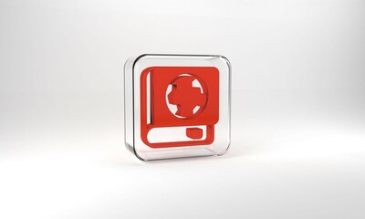 Red Earth globe and book icon isolated on grey background. World or Earth sign. Global internet symbol. Geometric shapes. Glass square button. 3d illustration 3D render