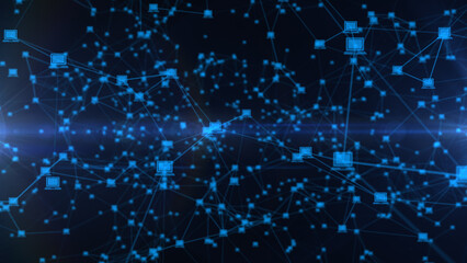 Plexus silhouettes of computer connected to big network and rotate on a blue background. Concept of technology, communication or social media.