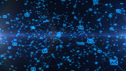 Plexus silhouettes of telephone connected to big network and rotate on a blue background. Concept of technology, communication or social media. 3D rendering
