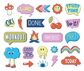 Speech bubble clouds. Set of items for notepad, planner or day planner. Mushroom, pepper, arrow, fire, cherry, rainbow, flower, eye, cloud, smiley face, lightning.