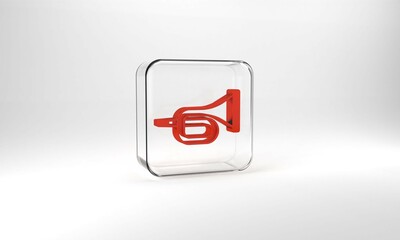 Red Musical instrument trumpet icon isolated on grey background. Glass square button. 3d illustration 3D render