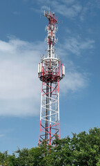 Telecommunication tower of 4G and 5G cellular. Wireless Communication Antenna Transmitter. Telecommunication tower with antennas. Macro Base Station.