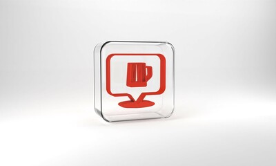 Red Wooden beer mug icon isolated on grey background. Glass square button. 3d illustration 3D render