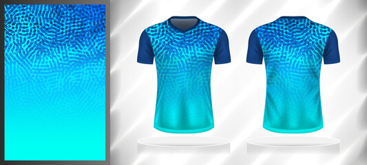 Vector sport pattern design template for V-neck T-shirt front and back with short sleeve view mockup. Dark and light shades of blue color gradient abstract grunge texture background.