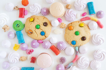 Flat lay with colorful, festive sweets, cookies, candies on white background. Birthday party.