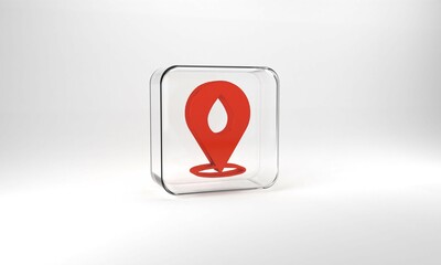 Red Water drop with location icon isolated on grey background. Glass square button. 3d illustration 3D render