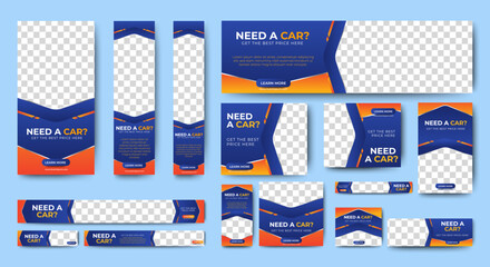 Rent Car banner design web template Set, Horizontal header web banner. Black and blue. cover header background for website design, Social Media Cover ads banner, flyer, invitation card