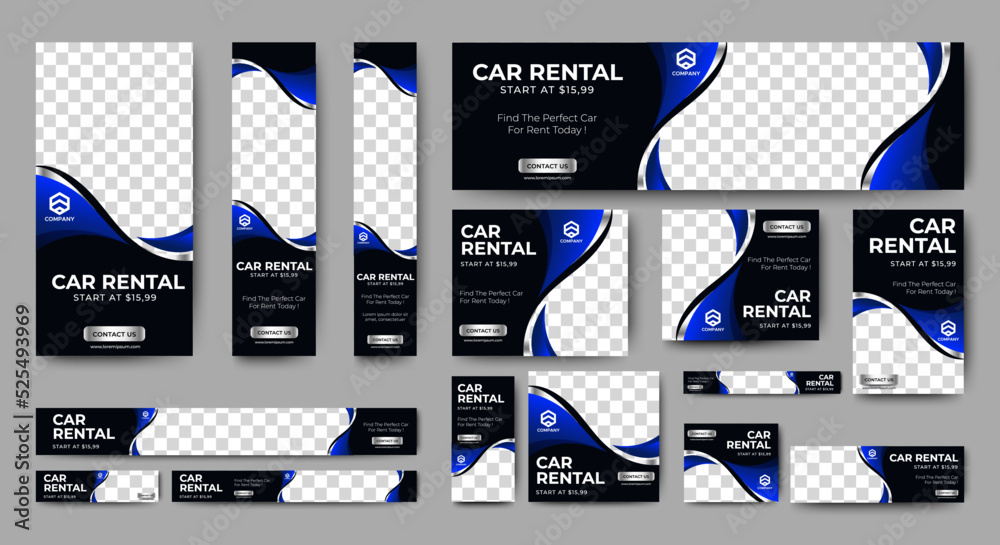 Wall mural car rental banner design web template set, horizontal header web banner. black and blue. cover heade