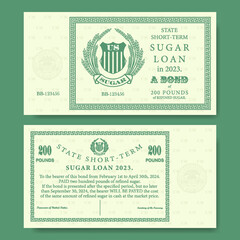 Vector fictional bond for 200 pounds of refined sugar. Obverse and reverse banknote with watermarks. Sample of bill