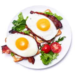 French toasts with fried eggs, cream cheese, salad and bacon