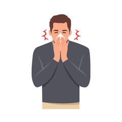 Sneezing man concept vector illustration on white background. A man in blue shirt sneezing in handkerchief. Sick man sneeze. Season allergy.