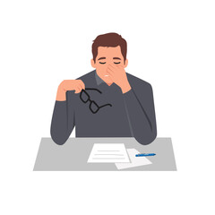 Man feel stress in office. Headache while working with documents. Work load deadline. Stress at work.