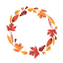 Watercolor autumn wreath with yellow, red and brown leaves. © liliia_sinhina