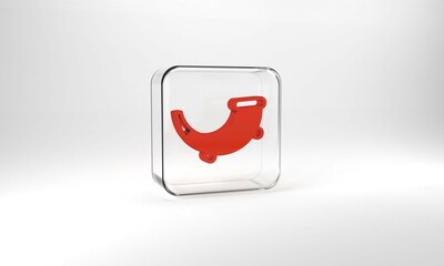 Red Hunting horn icon isolated on grey background. Glass square button. 3d illustration 3D render