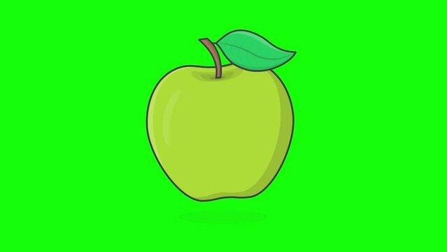 Green Apple Fruit On Green Screen Background. 3D Fresh Apple Fruit Animation