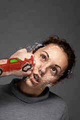 Concept of car accidents, insurance claims .staging the car knocks down a pedestrian. A woman...
