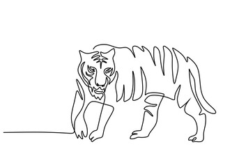 One continuous single line hand drawing of international tiger day with cool tiger isolated on white background.