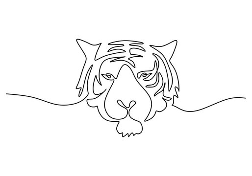One continuous single line hand drawing of international tiger day with tiger head isolated on white background.