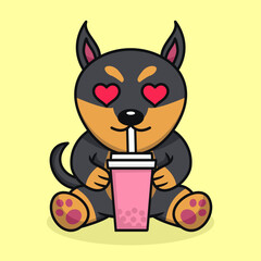 Vector illustration of cute dog premium drinking boba