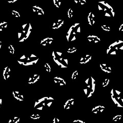 Seamless black background with sinister Jack faces. Design the packaging, cover, and wrapping paper for Halloween.