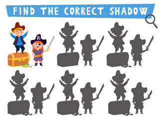 Pirate shadow matching activity. Treasure island hunt puzzle with cute pirates with chest. Find correct silhouette printable worksheet or game. Sea adventures page for kids