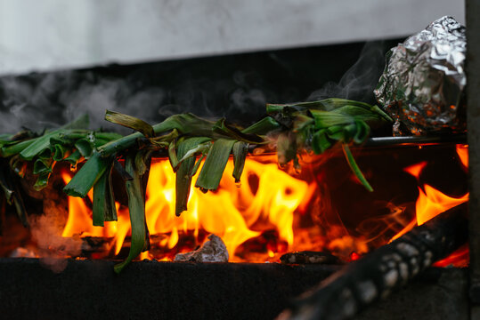 Pile of calcots on grill