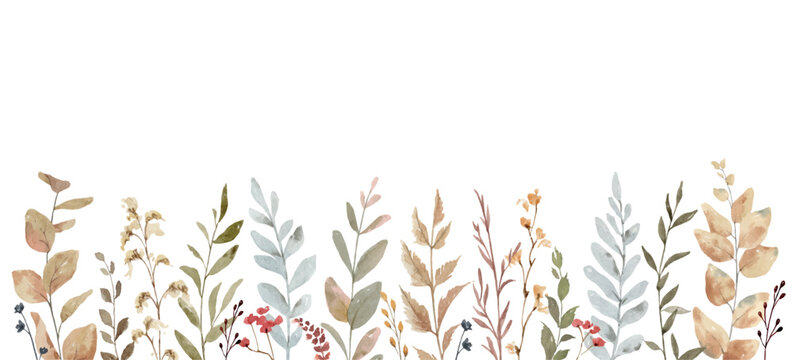 Watercolor banner of autumn branches isolated on a white background.