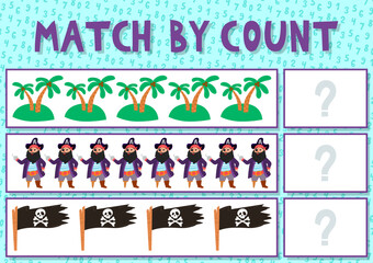 Match by count. Kids learning number material. Educational game for preschool children with different subjects. Cartoon vector illustration. Treasure island, pirate, flag