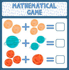 Education game for children fun addition by guess the correct number of cute cartoon mercury uran mars. Printable worksheet © светлана аркаллаева