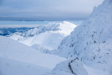 landscape panoramic view of snowed winter tatra mountains - obrazy, fototapety, plakaty