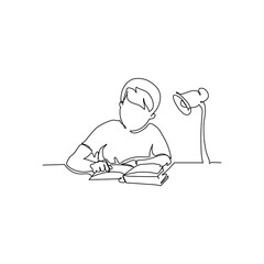 One continuous line of boy sitting while writing in a book. Minimalist style vector illustration in white background.
