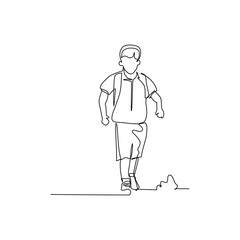One continuous line of a student walking with backpack to school. Minimalist style vector illustration in white background.