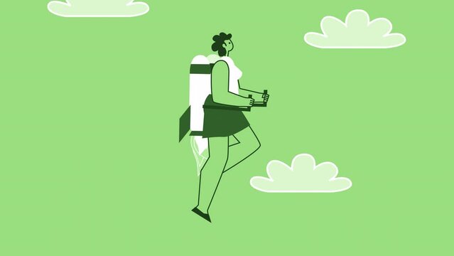Green Style Woman Flat Character Flies Up Out of Smartphone with Jetpack Backpack. Isolated Animation with Alpha Channel
