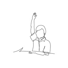 One continuous line of a male student raises hand. Minimalist style vector illustration in white background.
