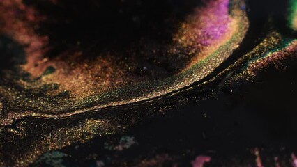 Glitter ink texture. Bokeh light. Shimmering paint blend. Defocused gold black pink color fluid flow glimmer round flecks floating on dark luxury abstract background. - Powered by Adobe