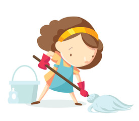 Young woman with a mop washes the floor in gloves