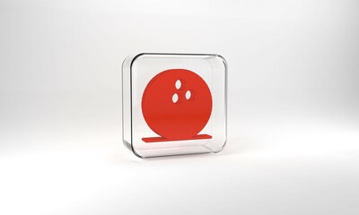 Red Bowling ball icon isolated on grey background. Sport equipment. Glass square button. 3d illustration 3D render