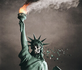The Statue of Liberty with its exposed skull under its shell, collapses under the influence of the wind. 
3d rendering image with vintage film camera effect