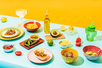 Table with assorted Mexican food and drinks