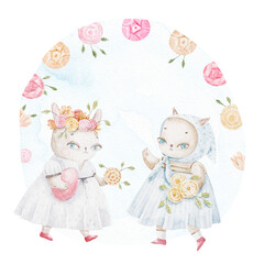 cute kids watercolor easter illustration, cartoon character