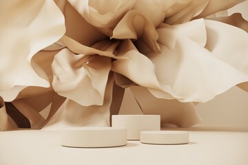 Pastel podium, showcase with abstract waves of silk, fabric. 3d render of advertising. Stand for the presentation of cosmetic products, body care products. Luxury platform with flower petals.